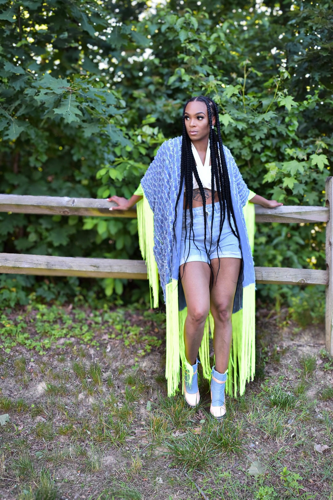 Nori Distressed Denim and Tassel Cardigan
