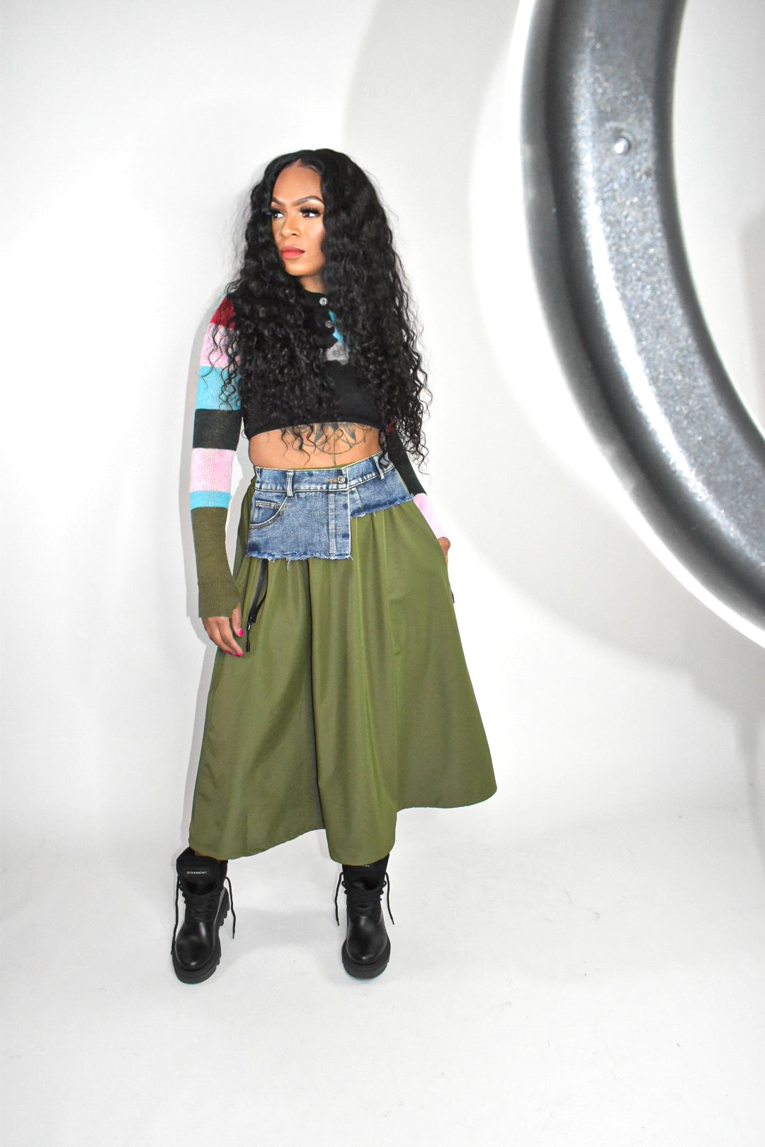 Laine Denim Waist A-Line Skirt (Green)