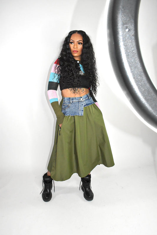 Laine Denim Waist A-Line Skirt (Green)