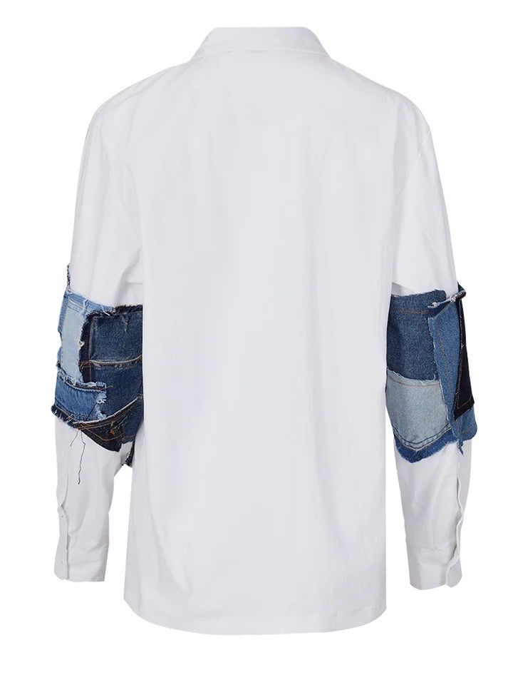 Gabbie Denim Patchwork Collared Shirt