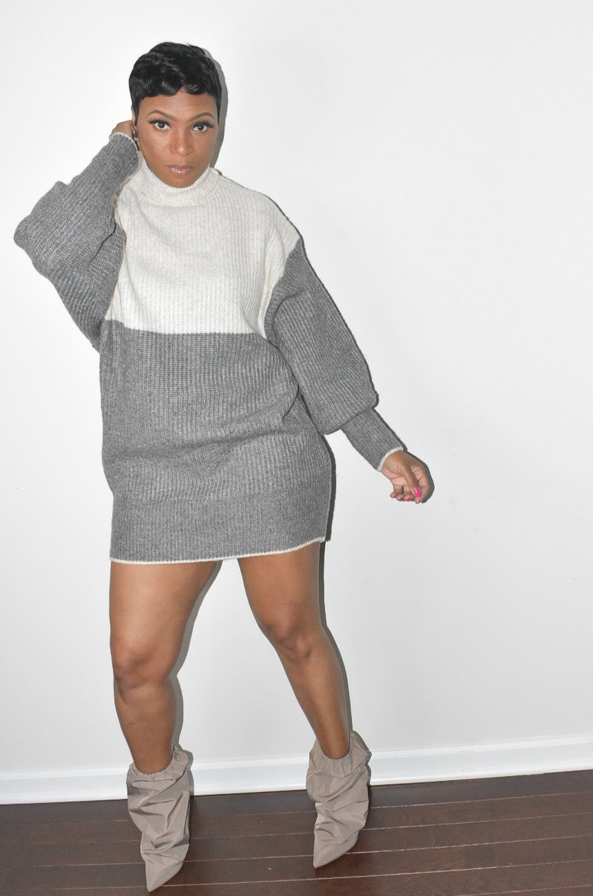 Color Block Turtle Neck Sweater Dress