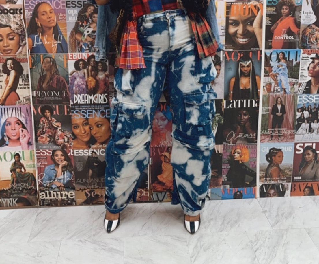 Jenna Dark Denim Cargo Jeans (Bleached)
