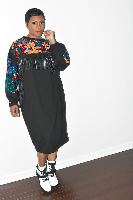 POPPIN Floral Sequin and Tassel Dress
