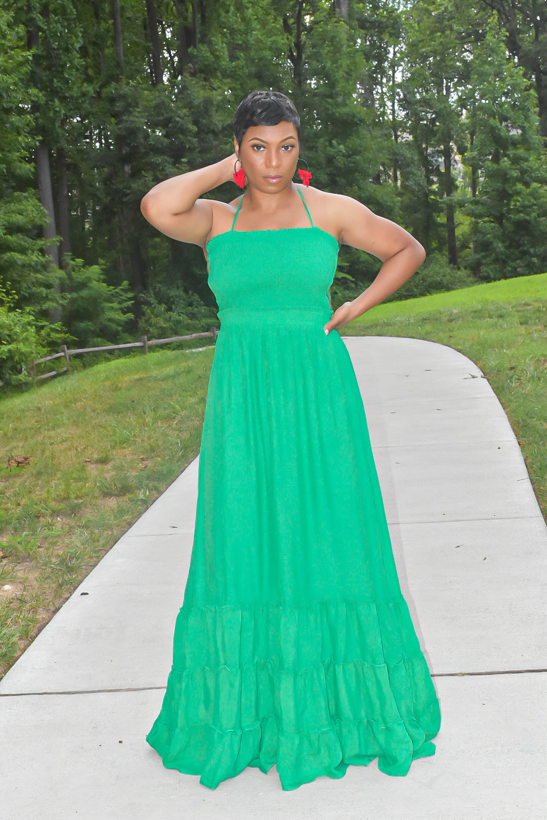 Kelly Green Smock Maxi Dress with Ruffled Hem POPPIN Chic Apparel Kelly Green Smock Maxi Dress with Ruffled Hem POPPIN Chic Apparel