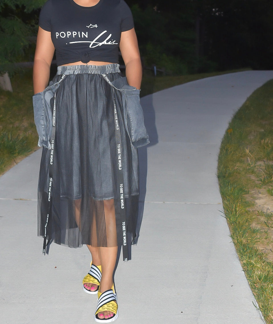 Sheer and Denim Stripe Skirt with Pockets
