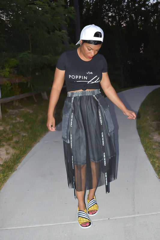 Sheer and Denim Stripe Skirt with Pockets