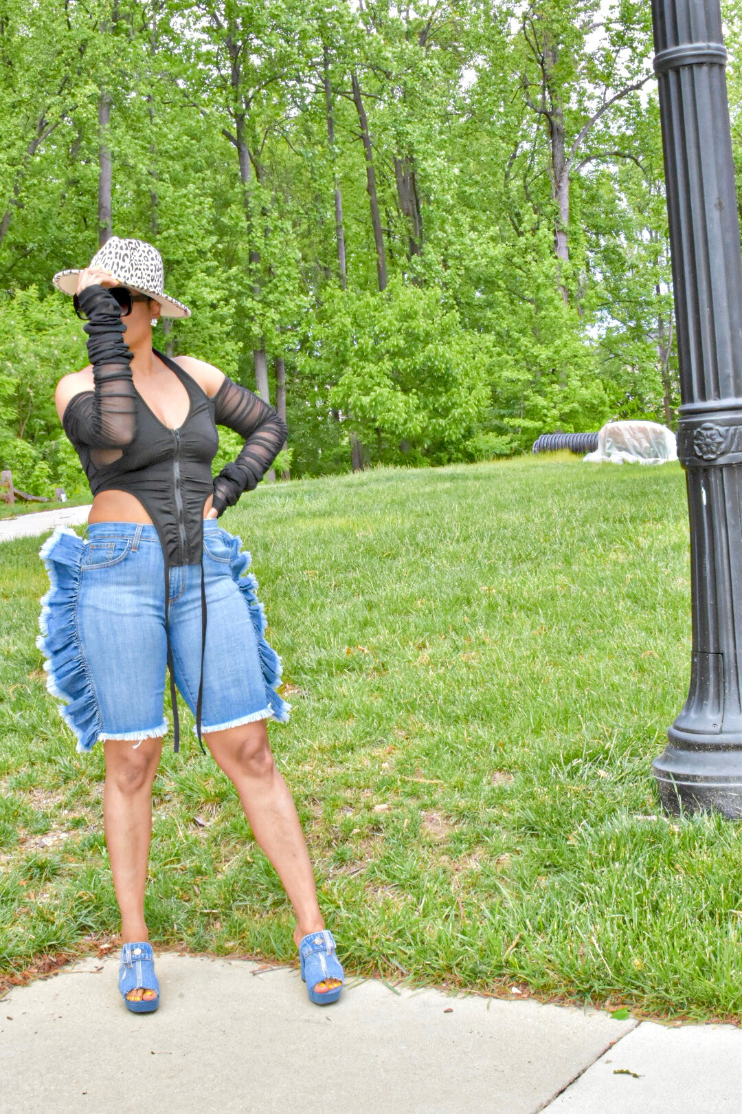 Denim Ruffled Bermuda Shorts