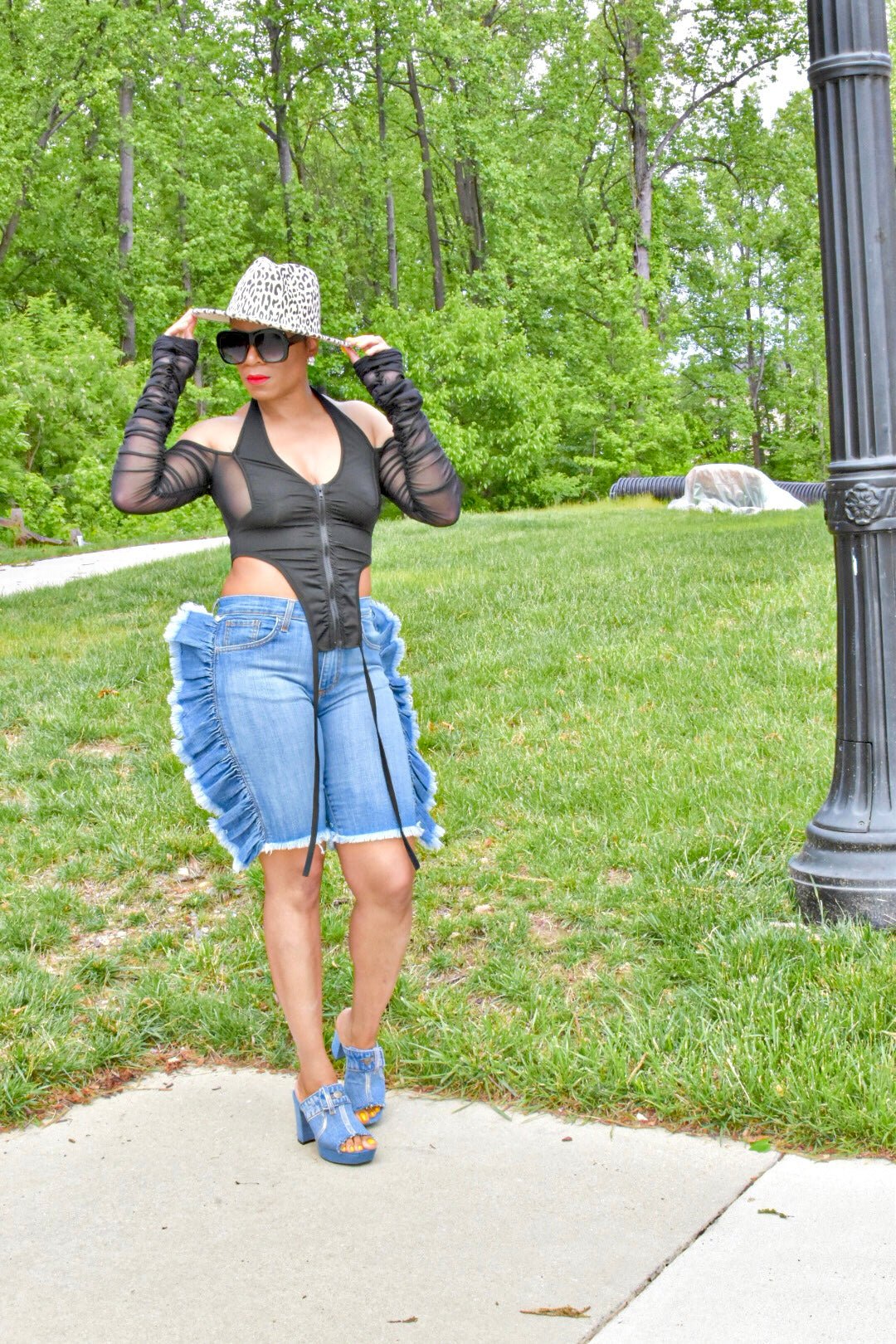 Denim Ruffled Bermuda Shorts