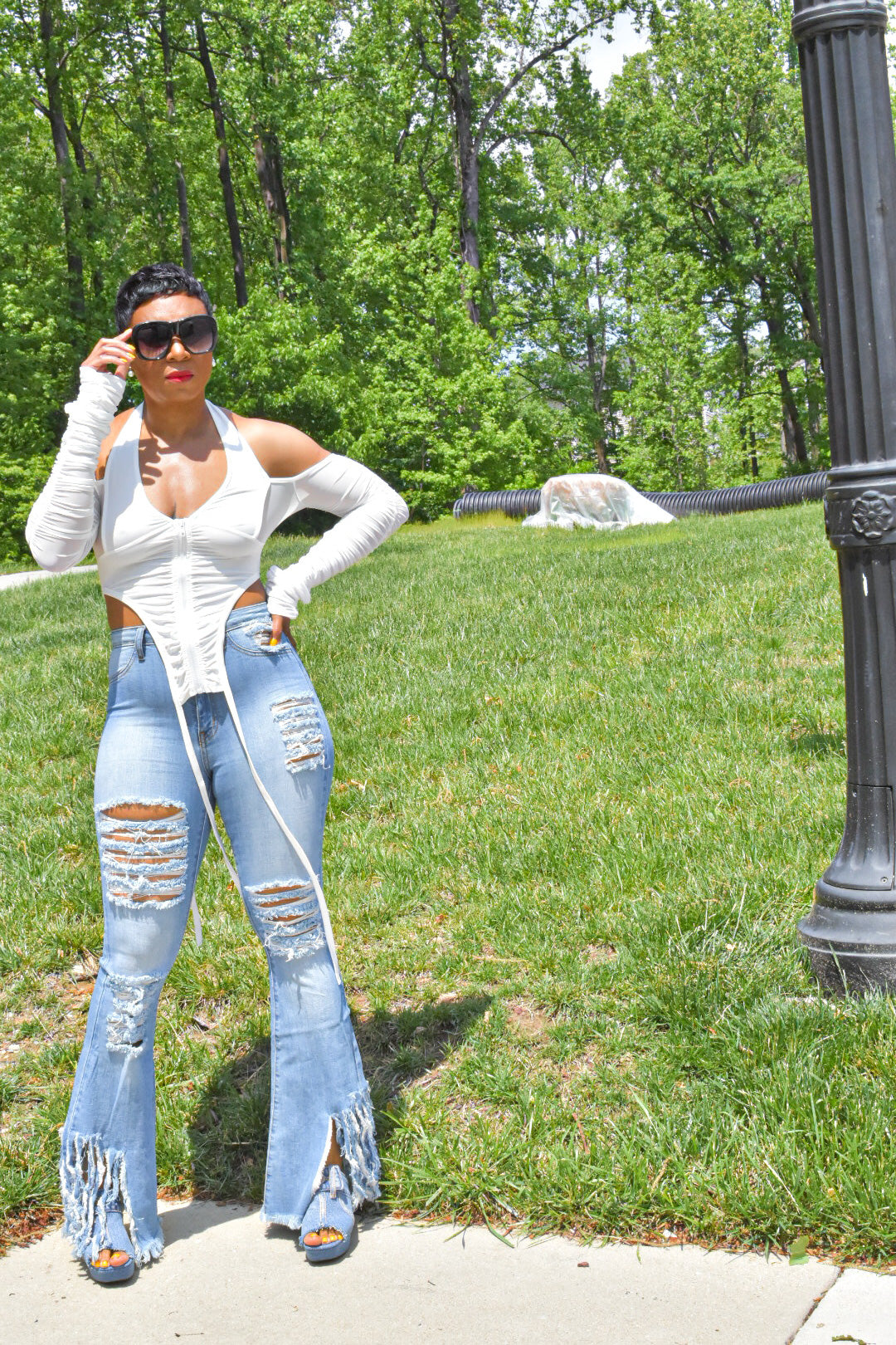 Light Denim Fringed and Distressed Jeans