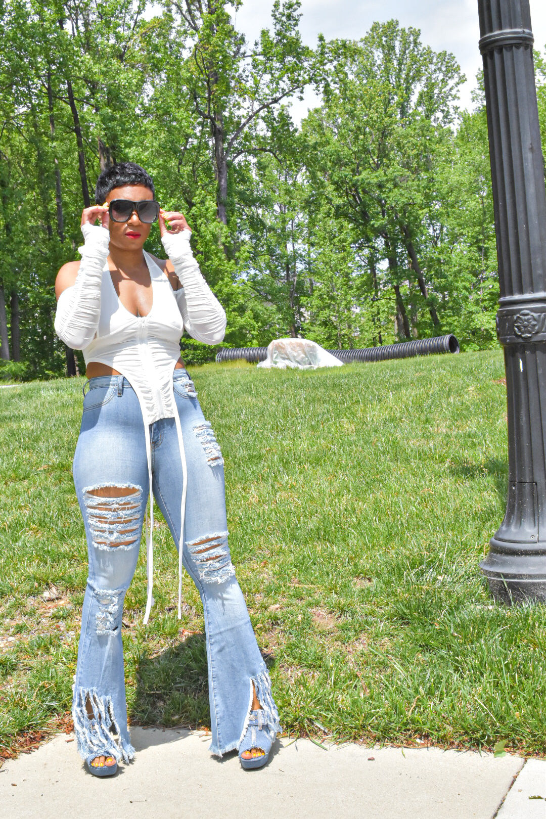 Light Denim Fringed and Distressed Jeans