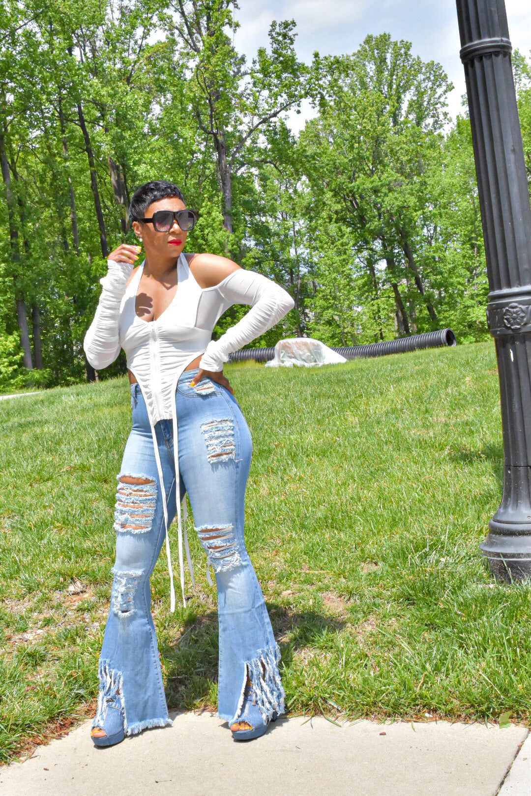 Light Denim Fringed and Distressed Jeans