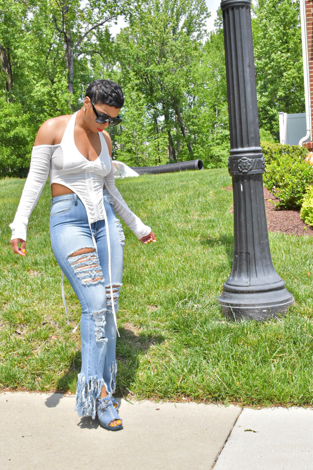 Light Denim Fringed and Distressed Jeans