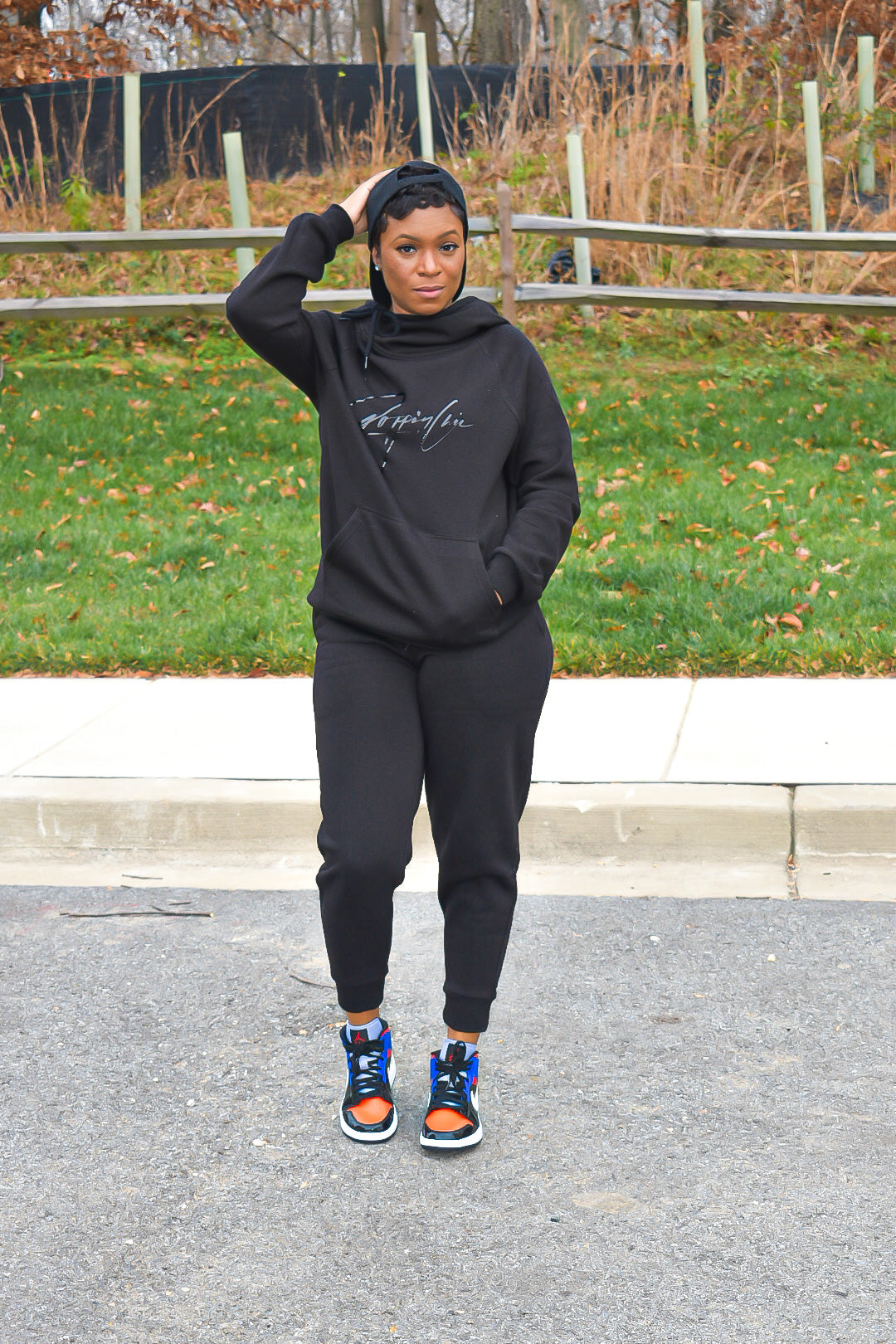 Black on Black Side Tie Hooded Sweatsuit