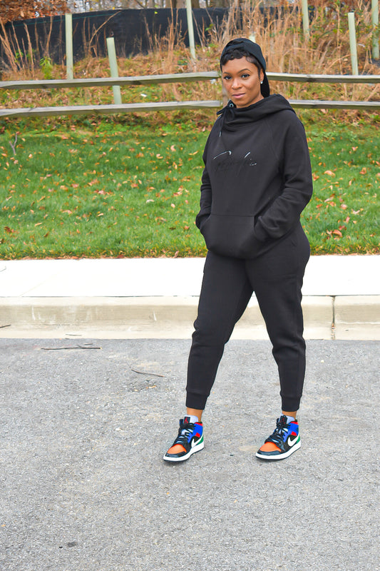 Black on Black Side Tie Hooded Sweatsuit