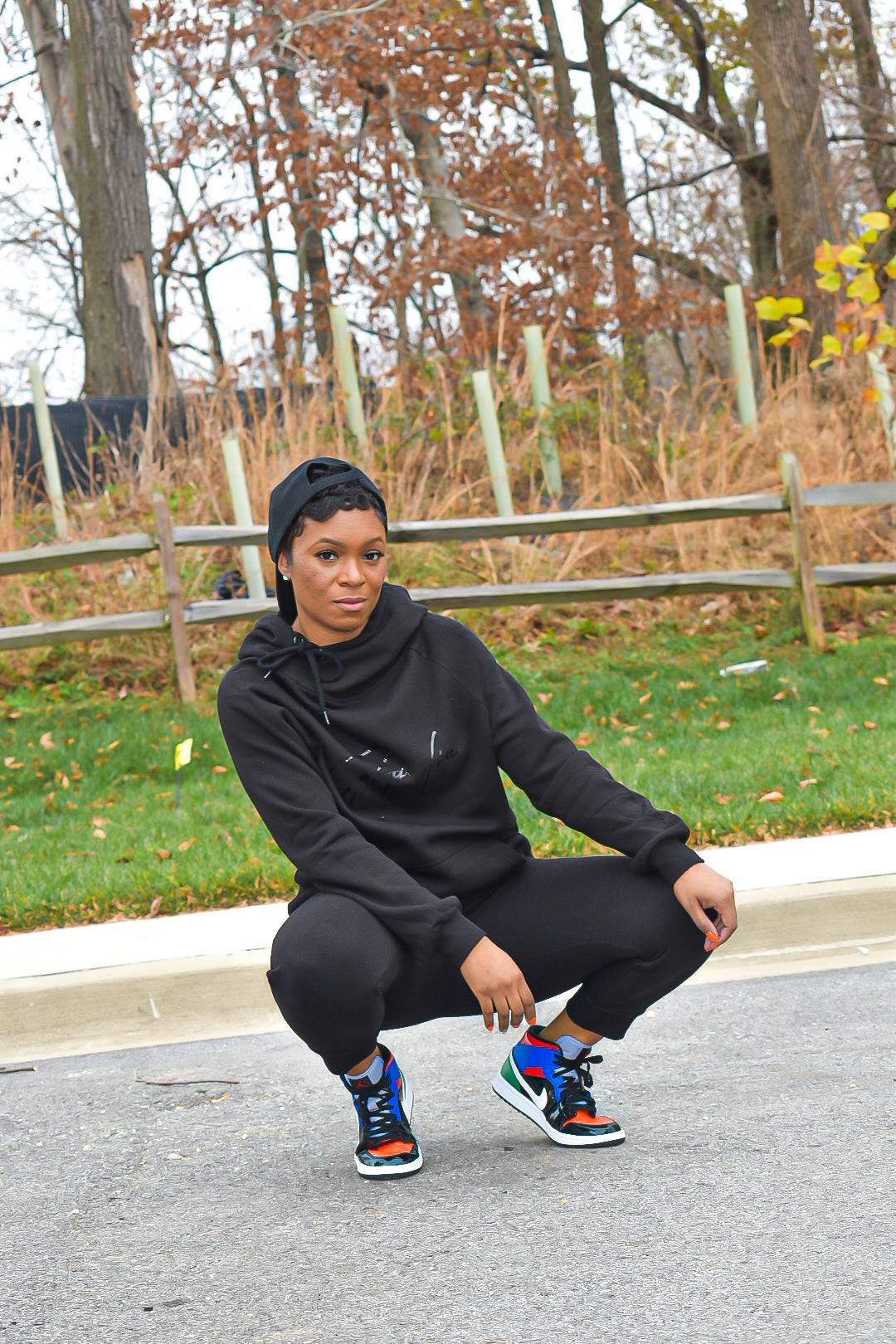 Black on Black Side Tie Hooded Sweatsuit