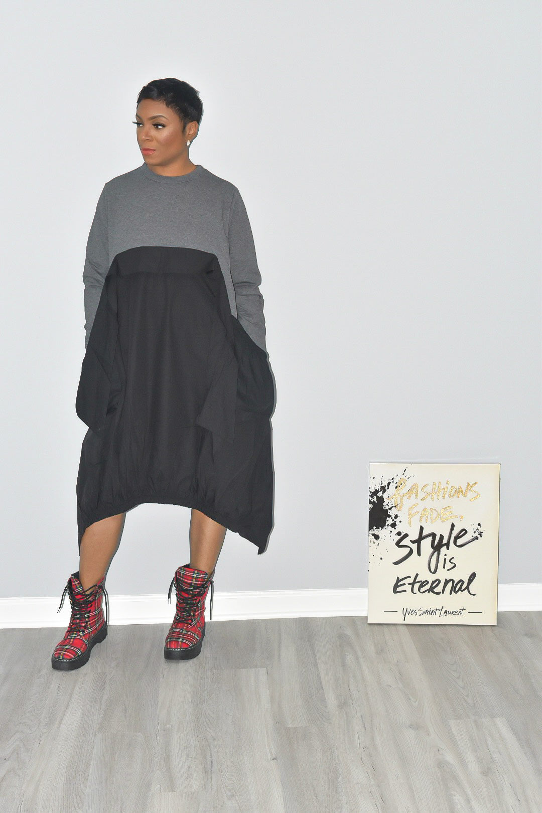 Pre-Order of the Irregular Black on Grey Loose Fit Long Sleeved Dress