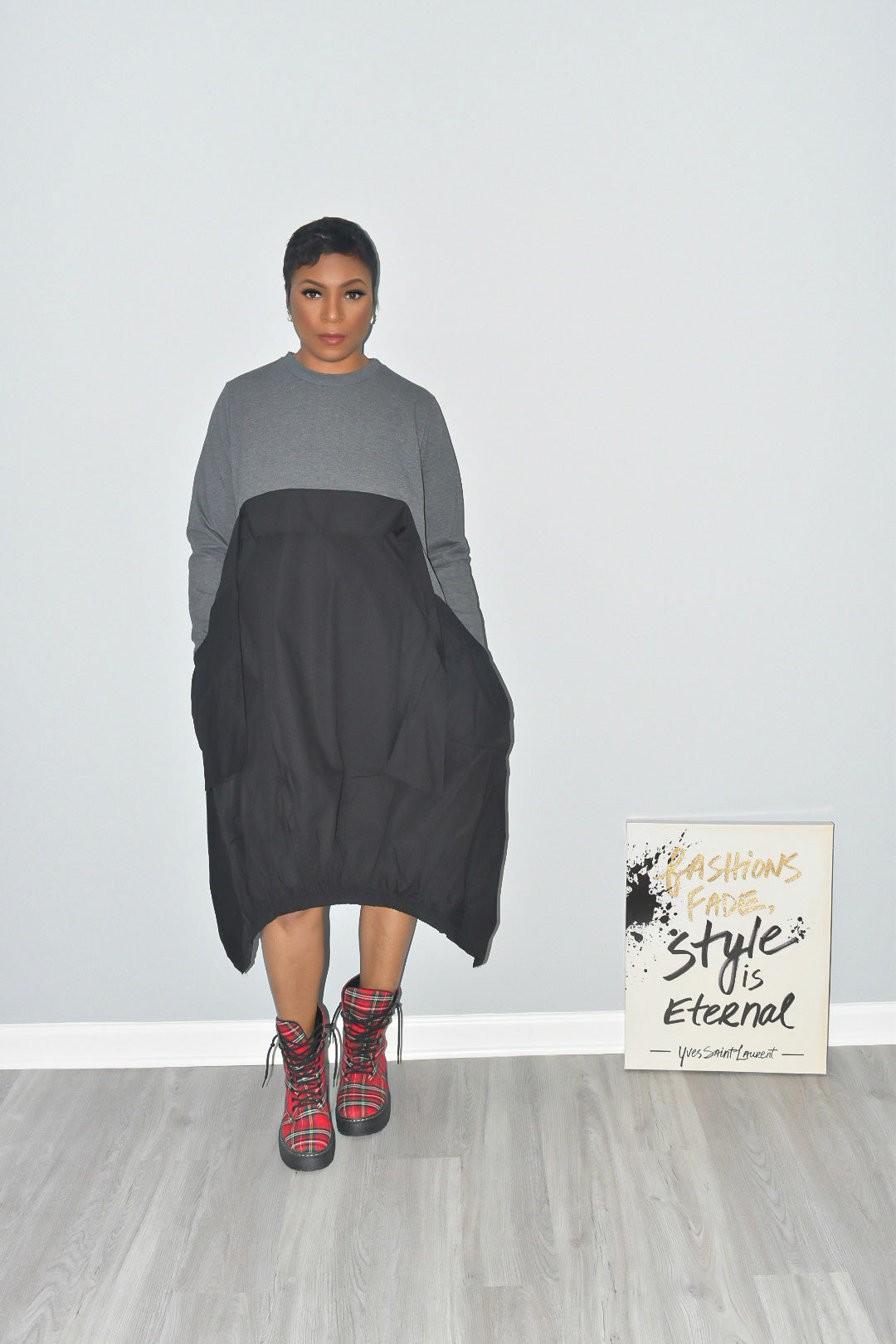 Pre-Order of the Irregular Black on Grey Loose Fit Long Sleeved Dress