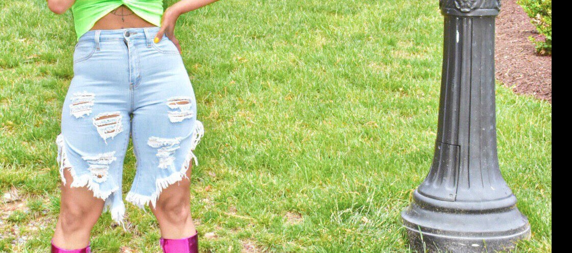 High Waisted Distressed Light Denim Shorts