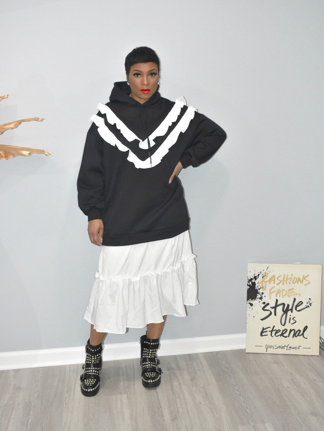 Black and White Ruffled Hoodie Dress