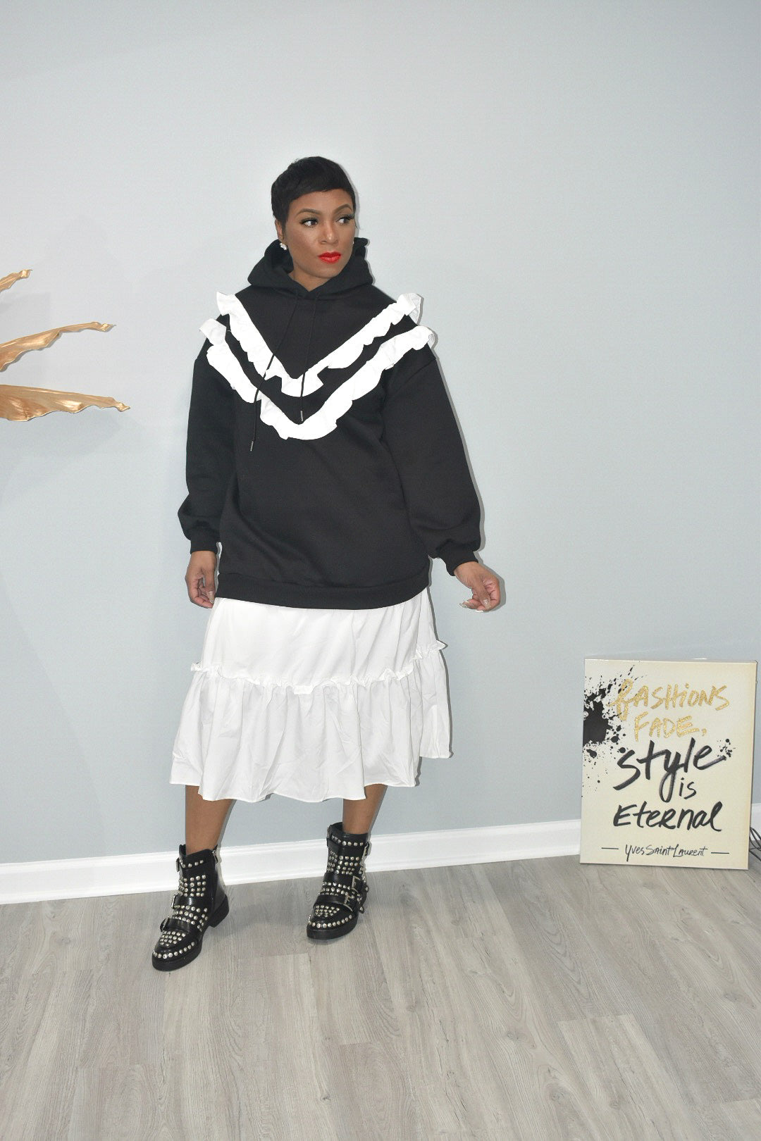 Black and White Ruffled Hoodie Dress