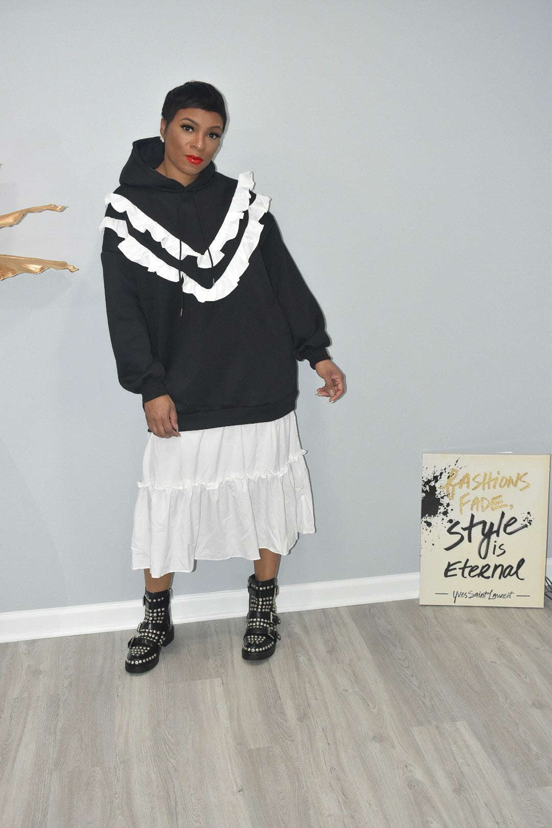 Black and White Ruffled Hoodie Dress