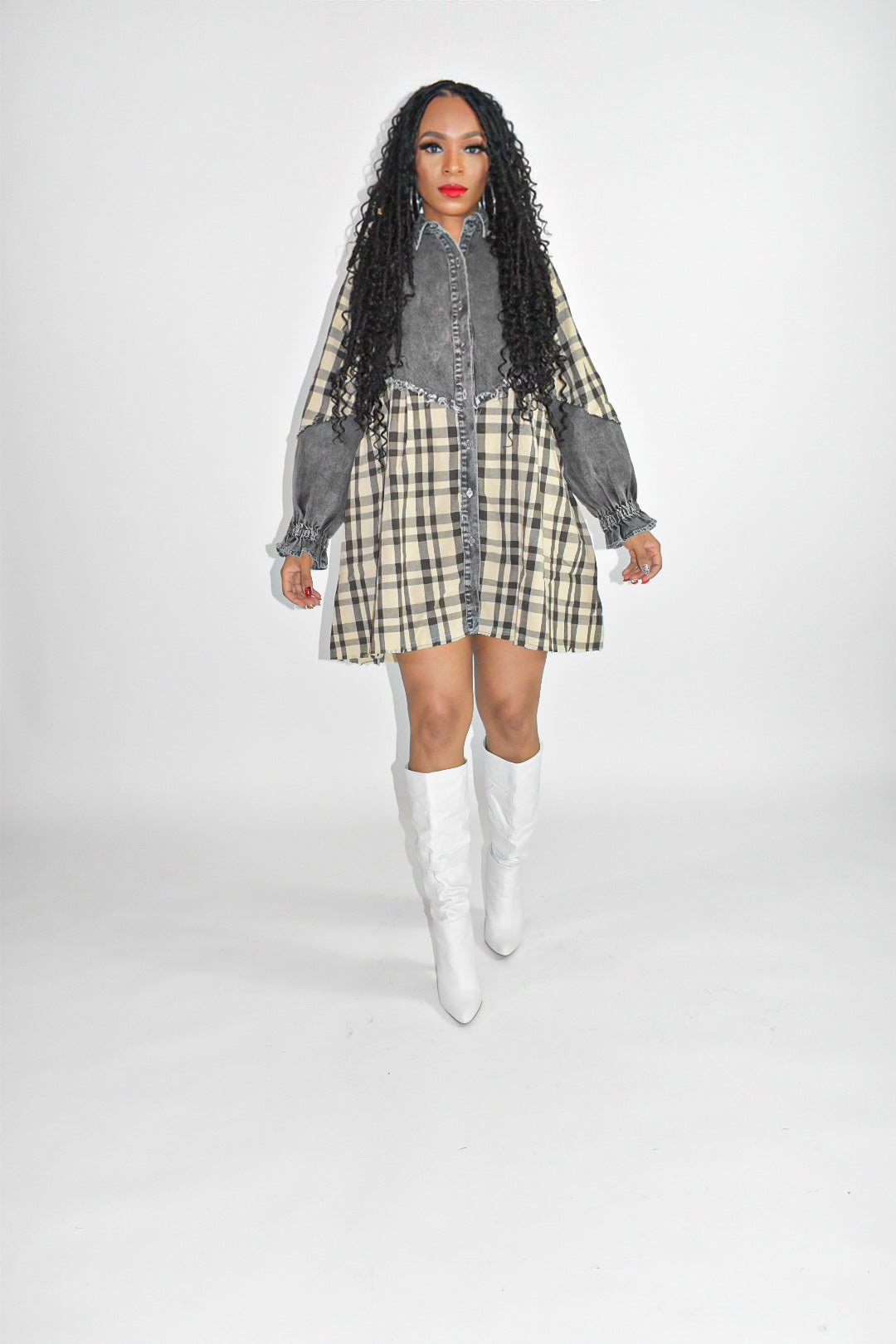 Maison Plaid and Denim Shirt Dress