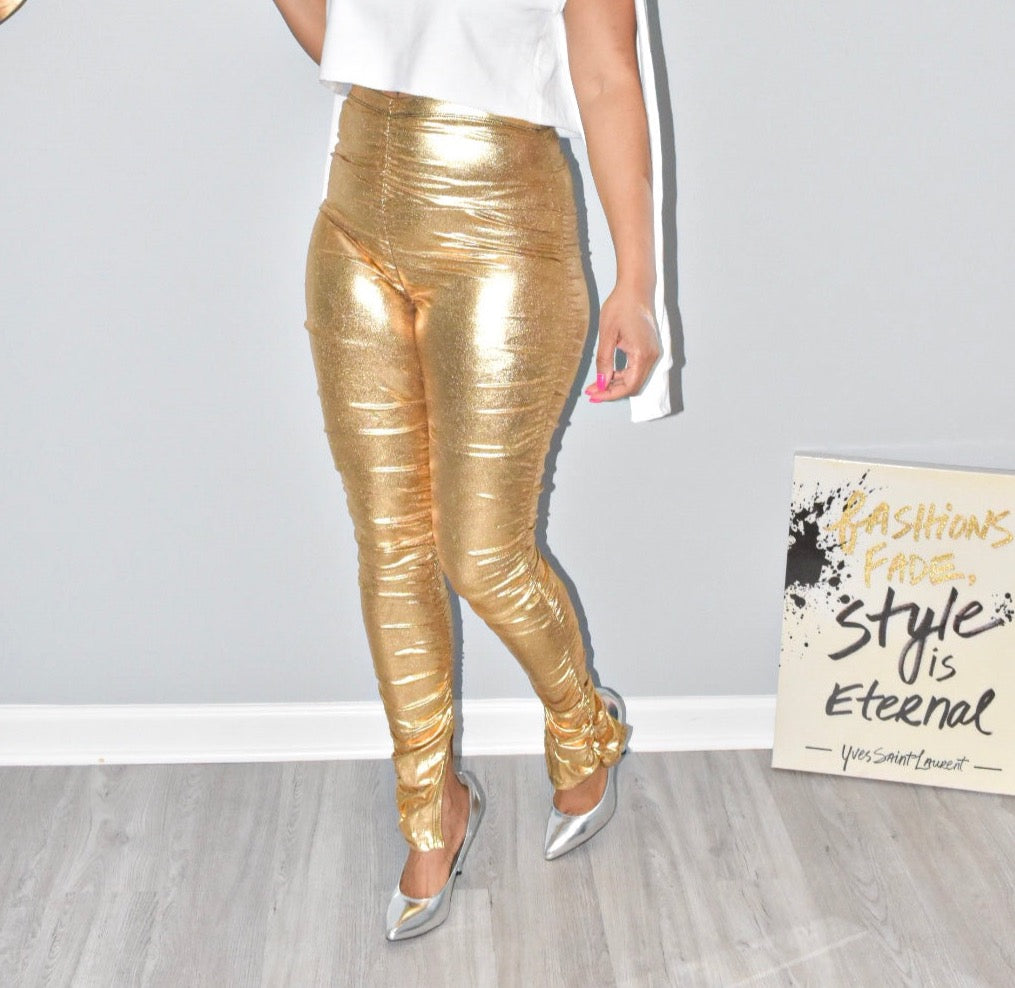 Gold Metallic Ruched Leggings