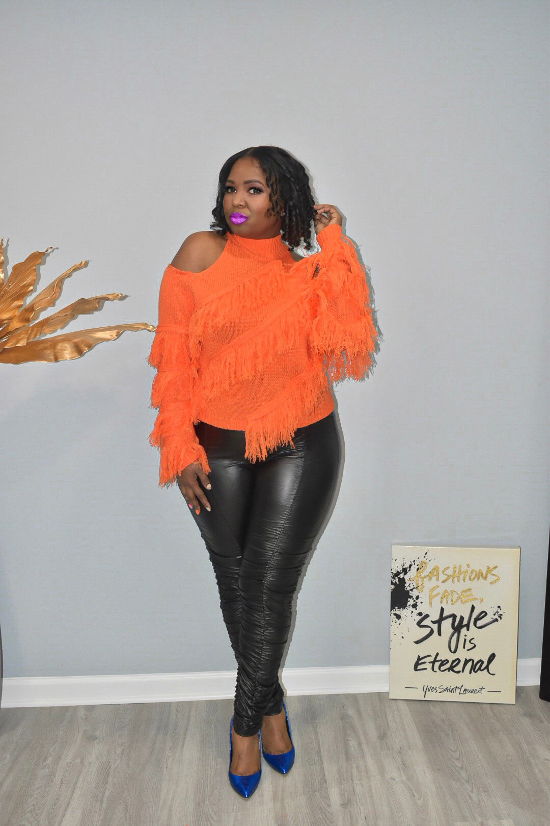 Orange Open Shoulder Tassel Sweater