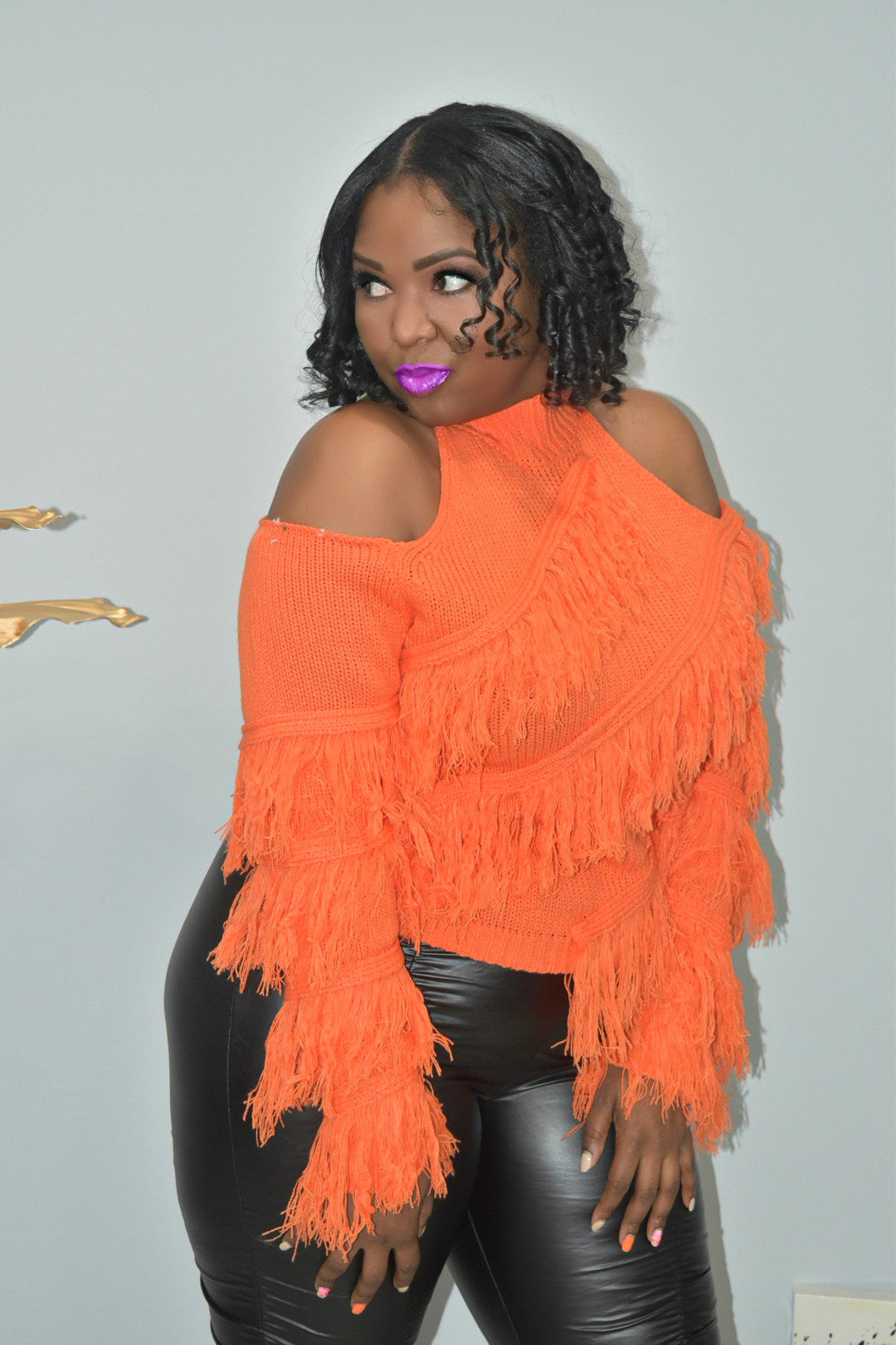 Orange Open Shoulder Tassel Sweater