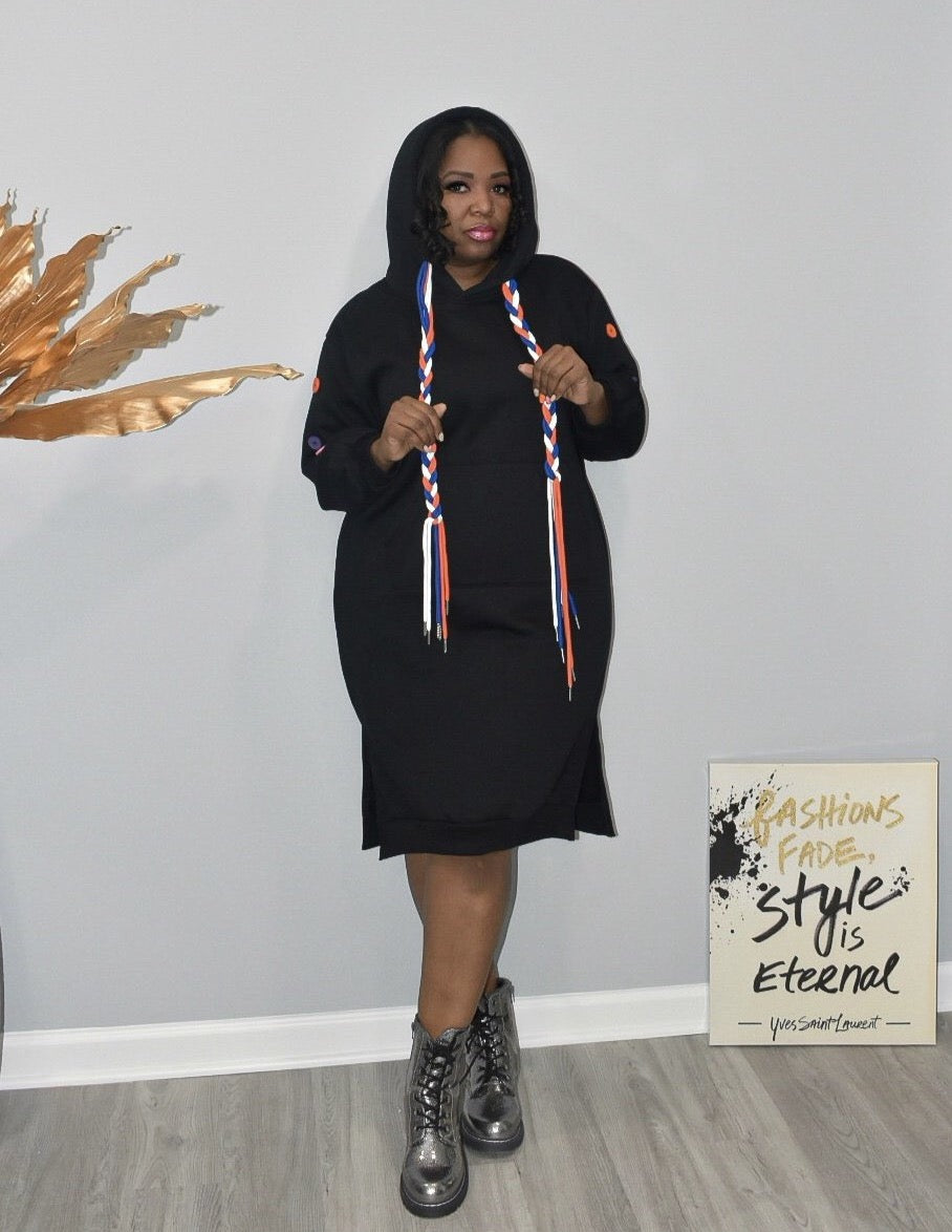 Buttons and Strings Black Hooded Sweat Dress
