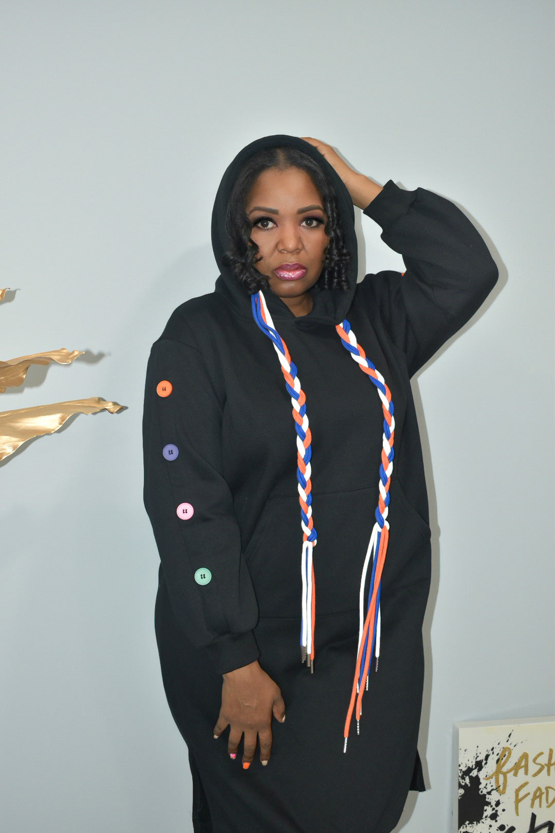Buttons and Strings Black Hooded Sweat Dress