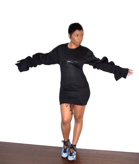 Black POPPIN Ruffled Sleeved Fleeced Sweat Dress