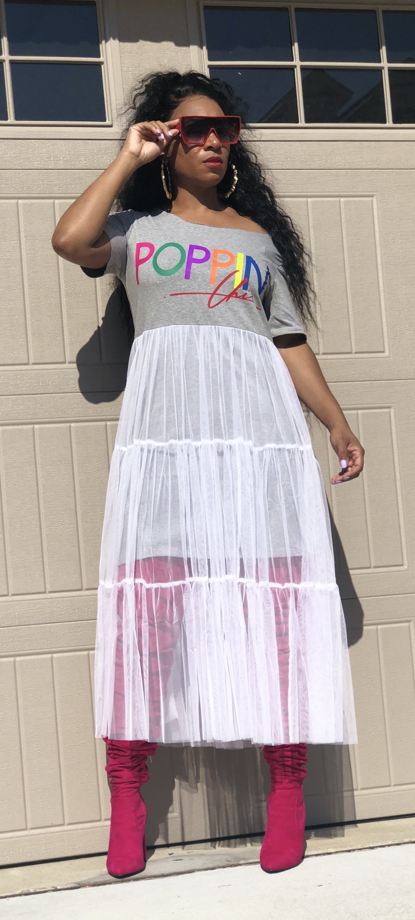 POPPIN Grey of the Shoulder T-Shirt Tulle Dress
