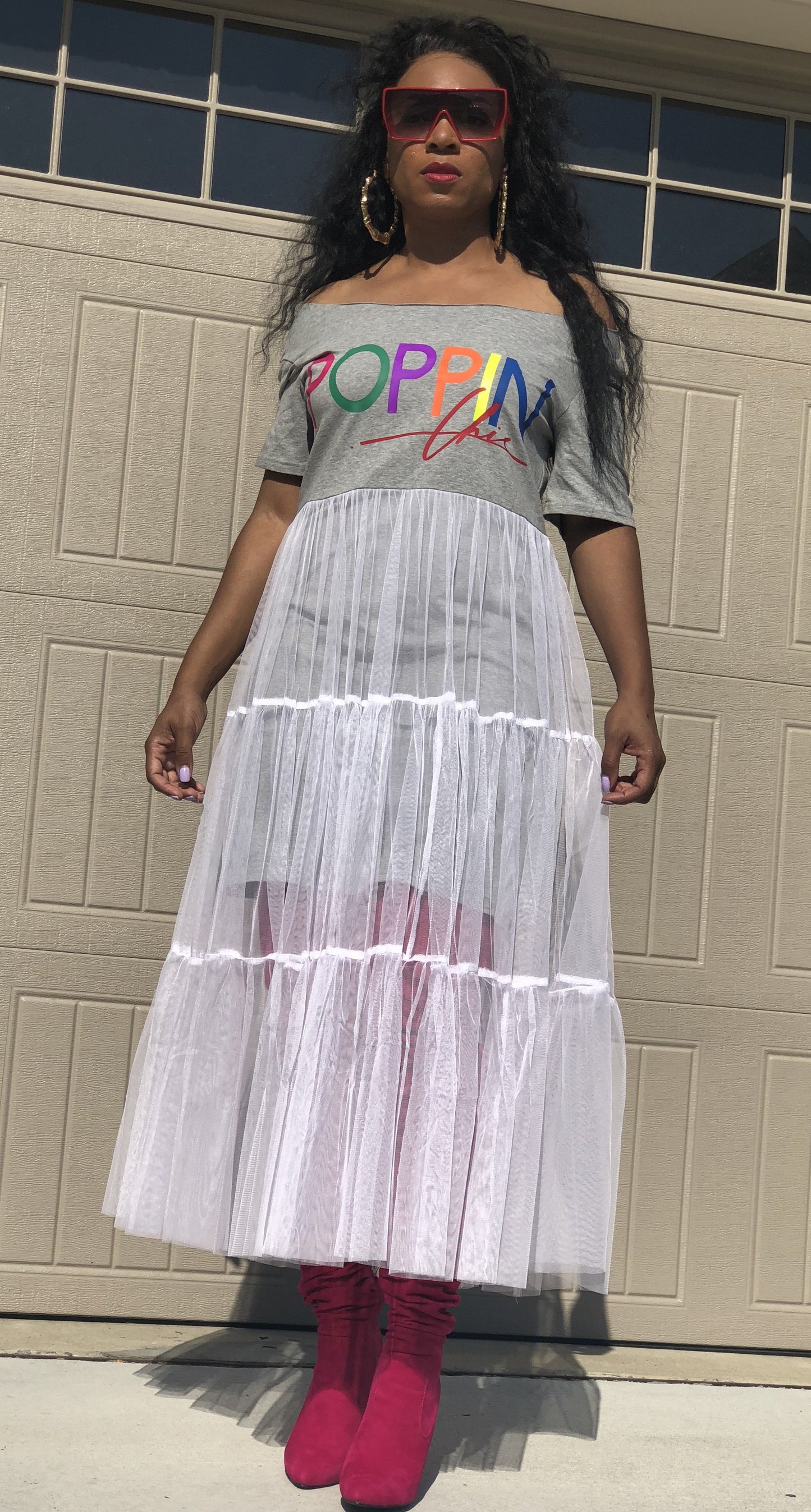 POPPIN Grey of the Shoulder T-Shirt Tulle Dress