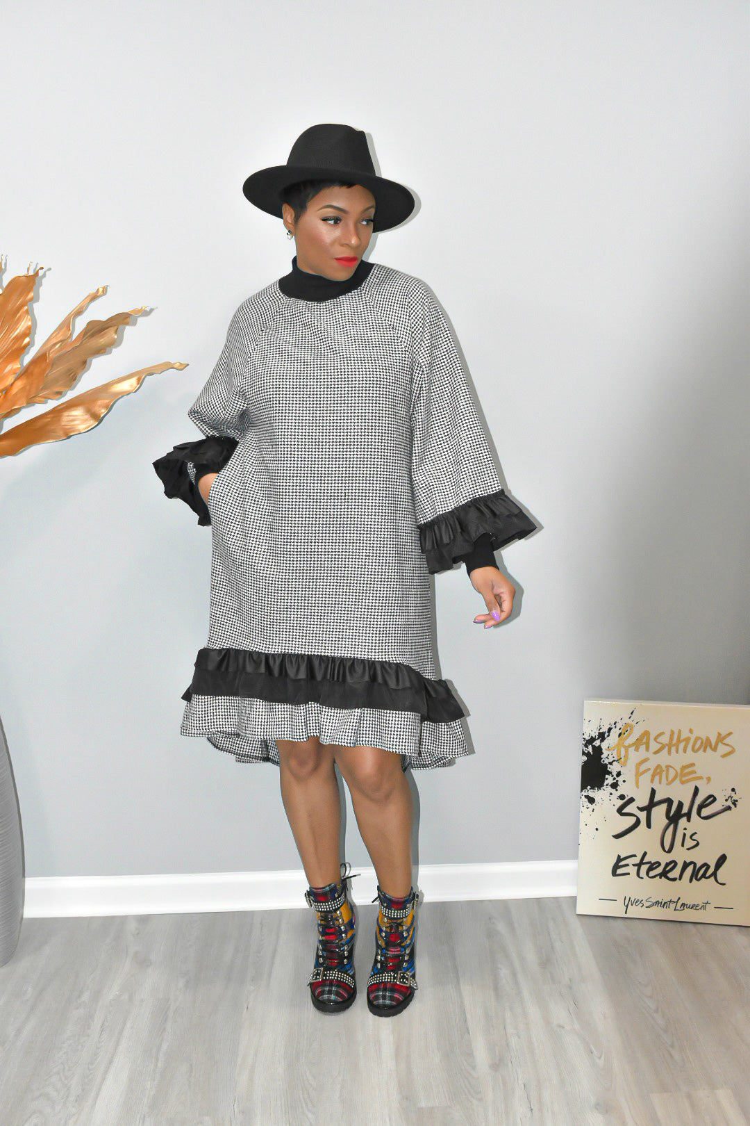 Ruffled with Plaid Dress with Pockets