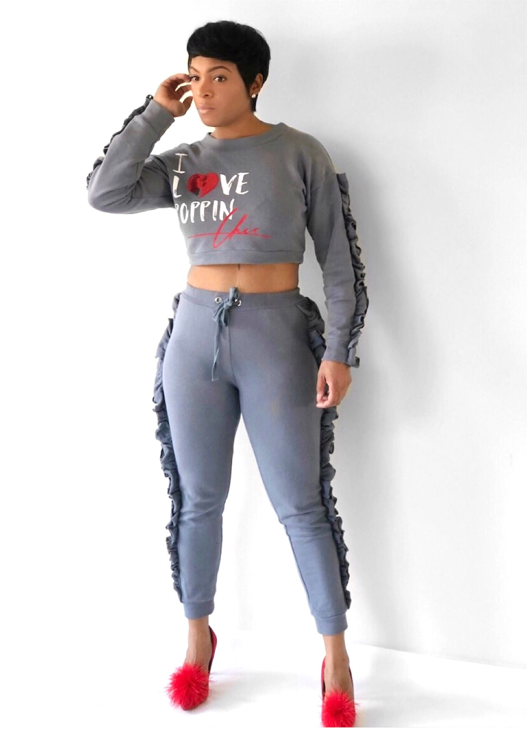 I "LOVE POPPIN Chic" Ruffled Jogger Set