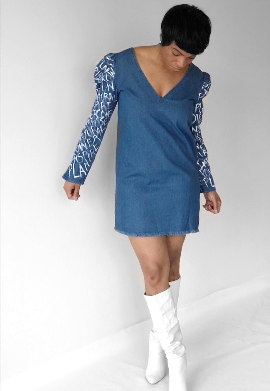 POPPIN Graffiti Sleeve Jean Dress