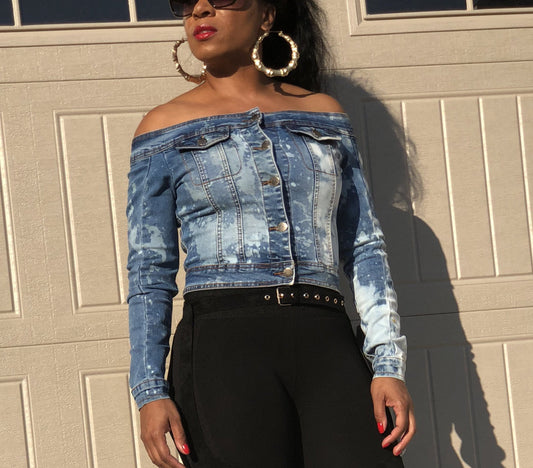 POPPIN Distressed off the Shoulder Blue Jean Jacket