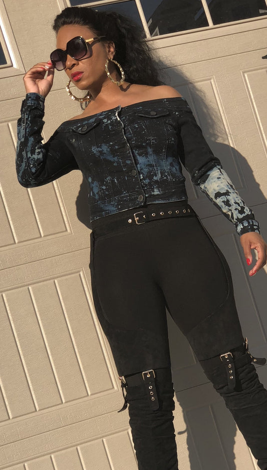 POPPIN Distressed off the Shoulder Black Jean Jacket