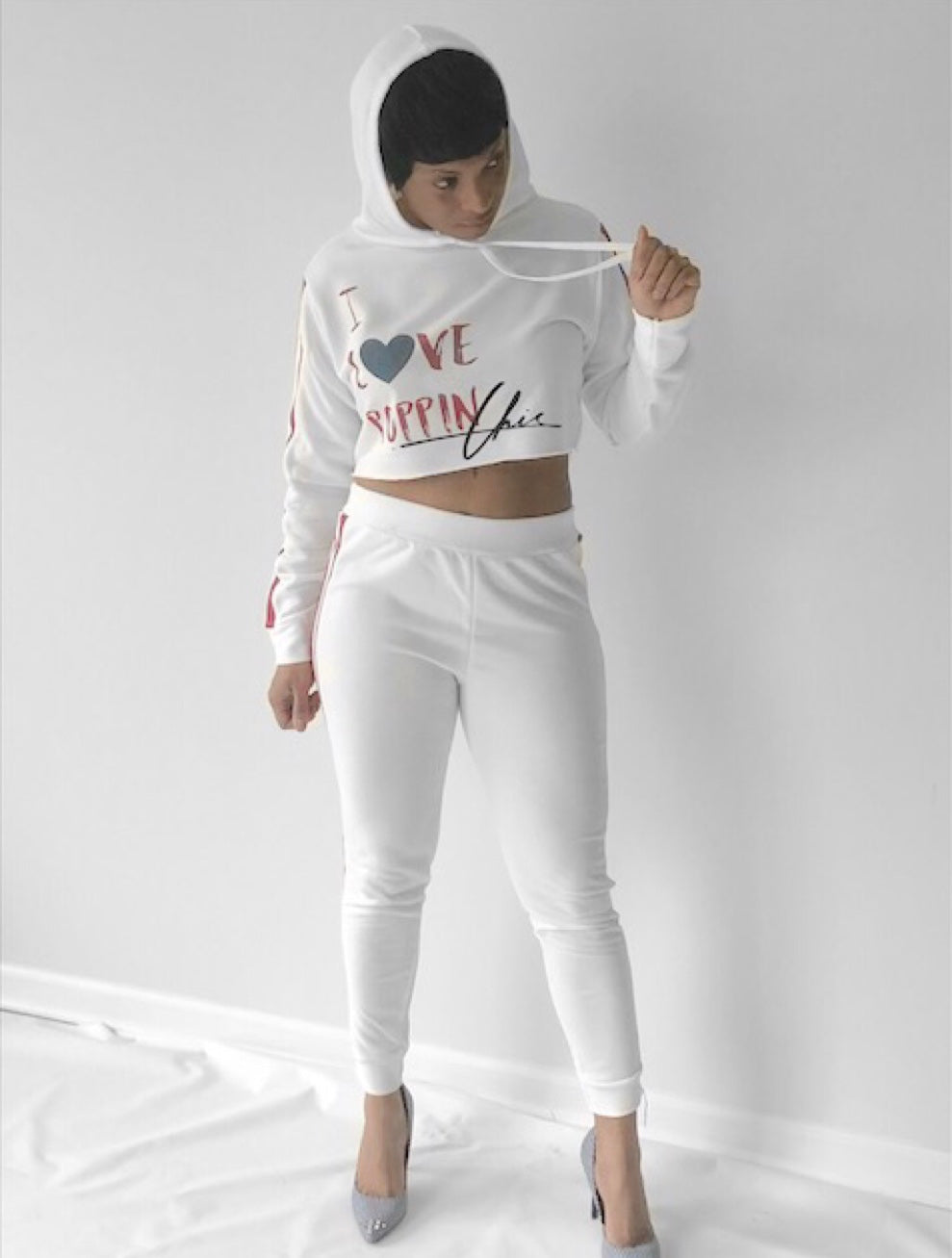 I "LOVE" POPPIN Chic White Sweatsuit with Jean Heart