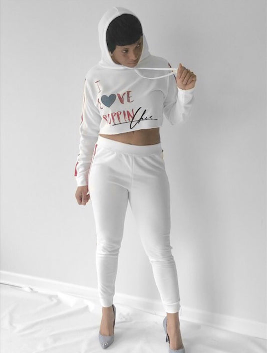 I "LOVE" POPPIN Chic White Sweatsuit with Jean Heart