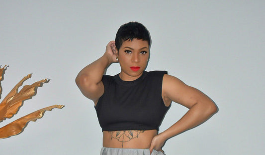 Black Cropped Shoulder Pad Top
