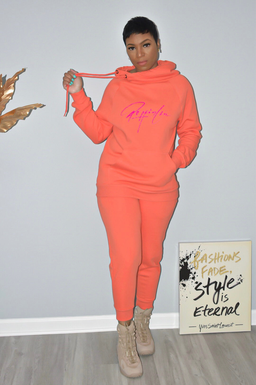 Tangerine Side Tie Hooded Sweatsuit