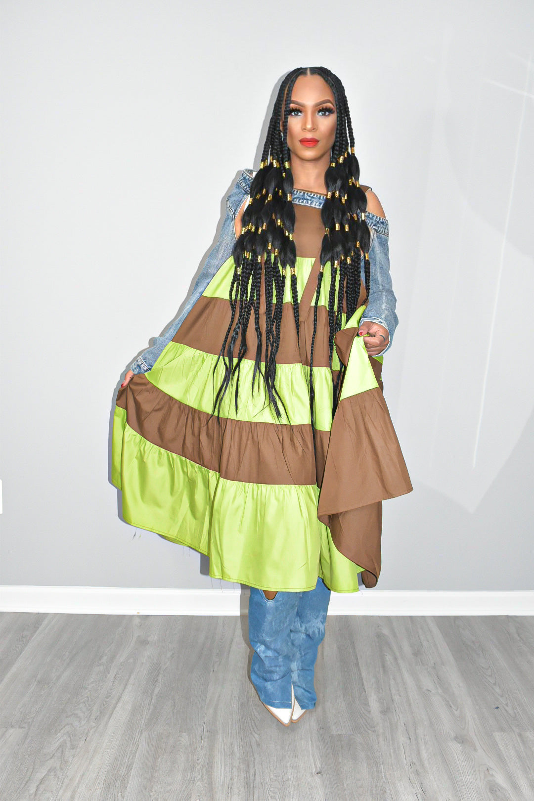Kay Coffee Lime Stripe Overall Dress