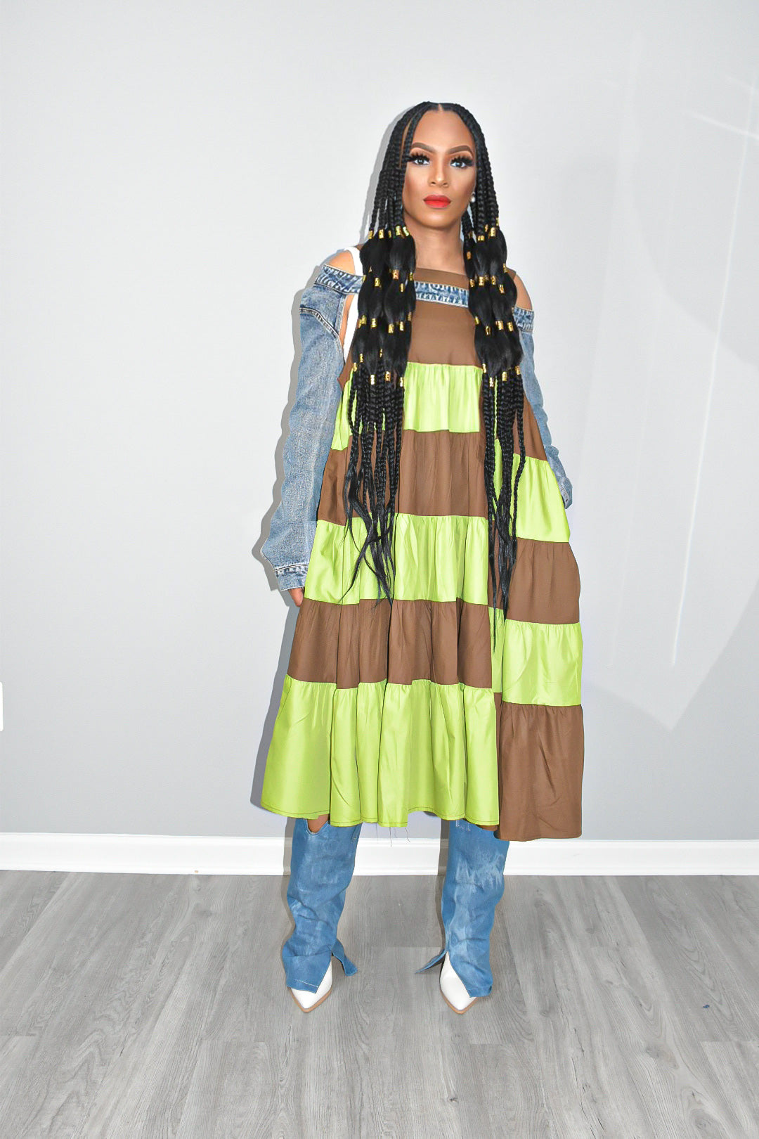 Kay Coffee Lime Stripe Overall Dress