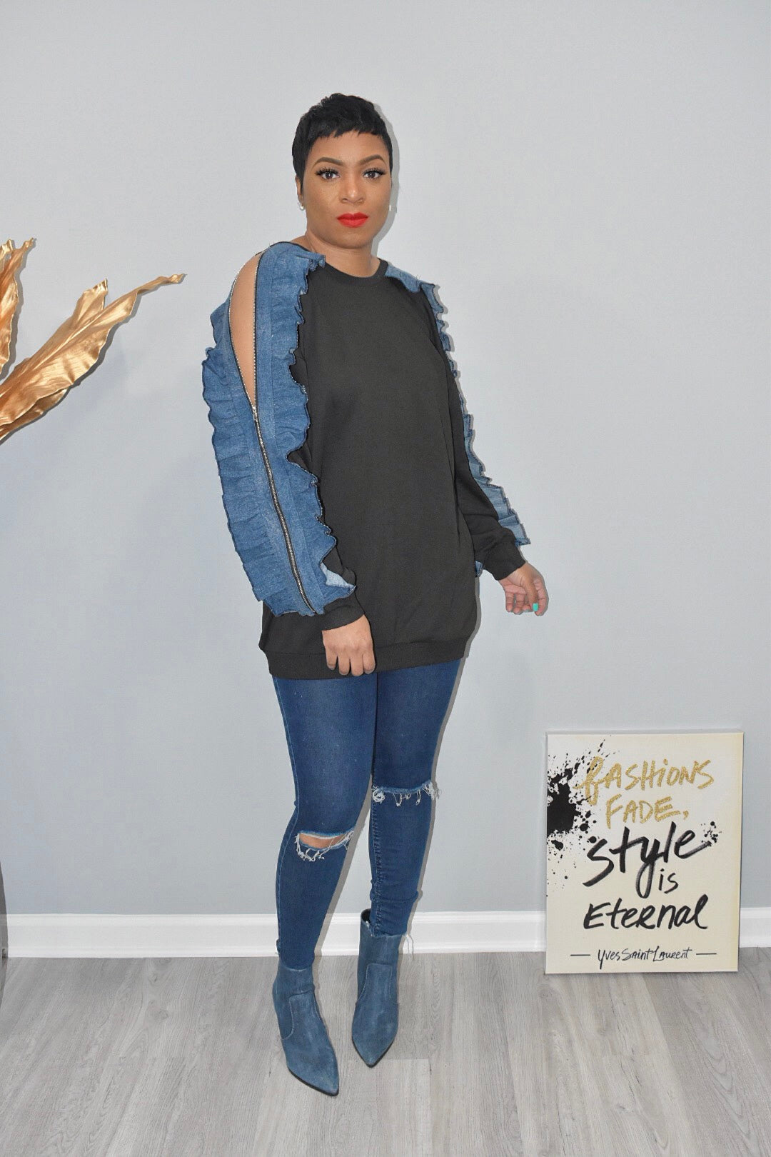 Pre-Order of the Black Crewneck with Denim Ruffled Sleeves