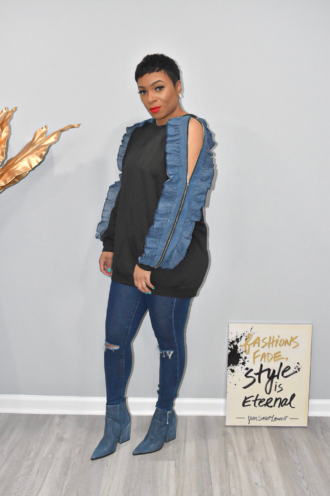 Pre-Order of the Black Crewneck with Denim Ruffled Sleeves