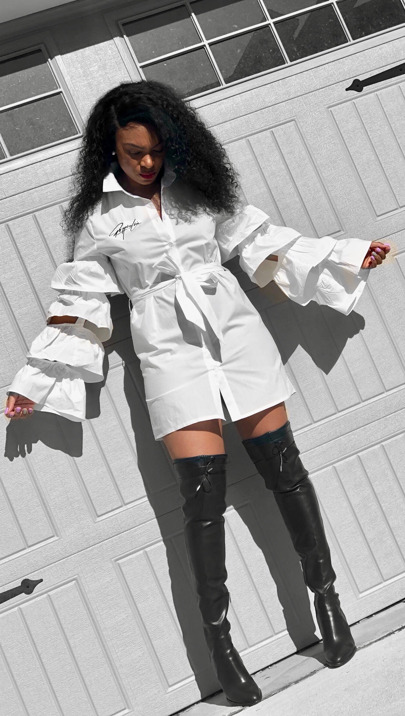 POPPIN Ruffled Sleeve Detailed Shirt Dress