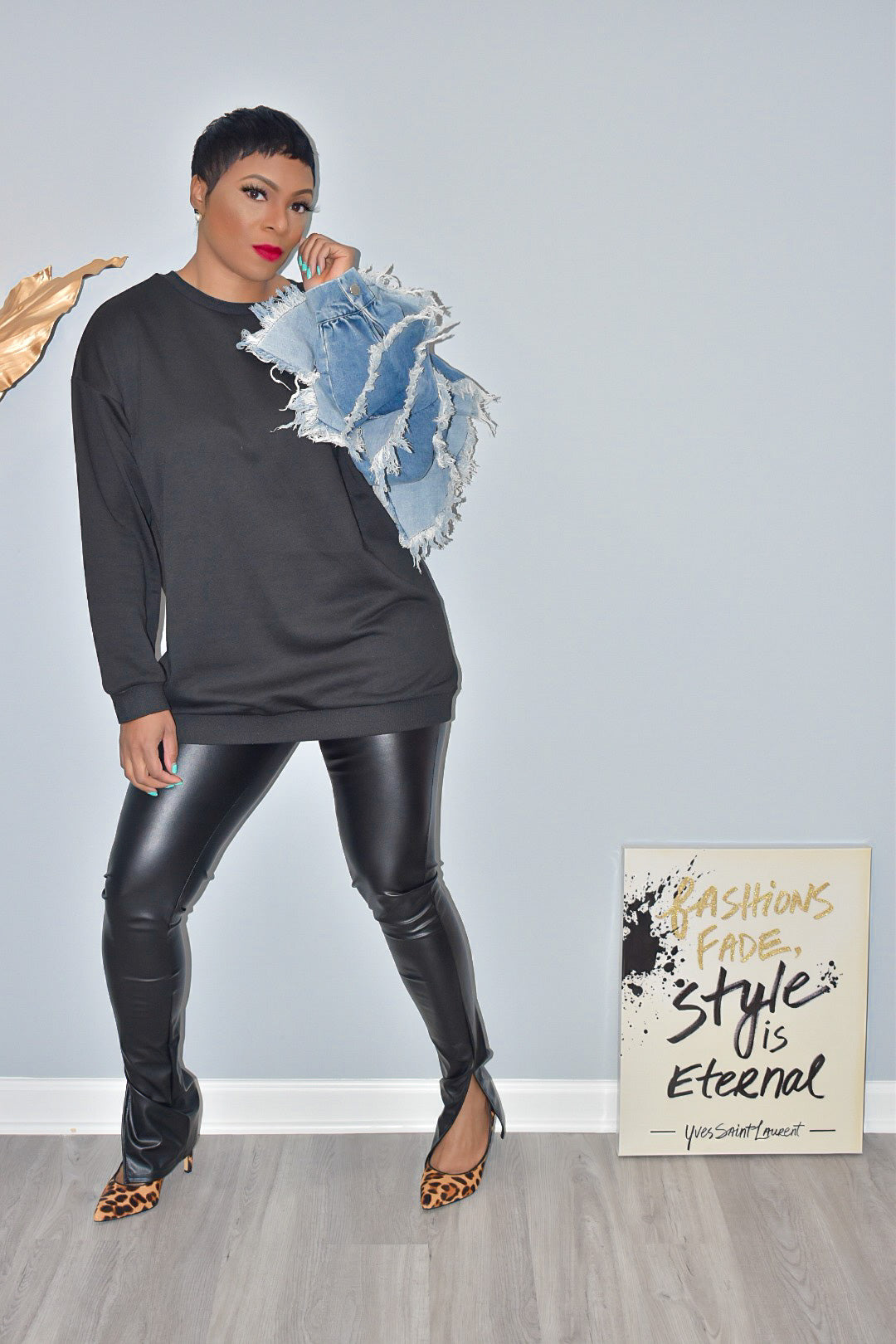 One Armed Ruffled Denim Crewneck