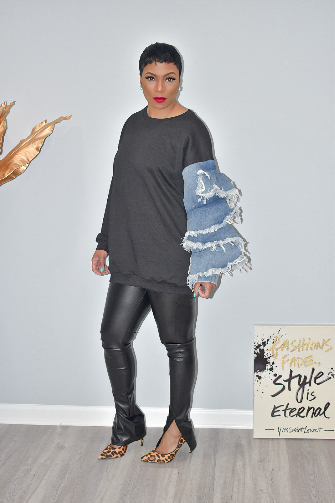 One Armed Ruffled Denim Crewneck